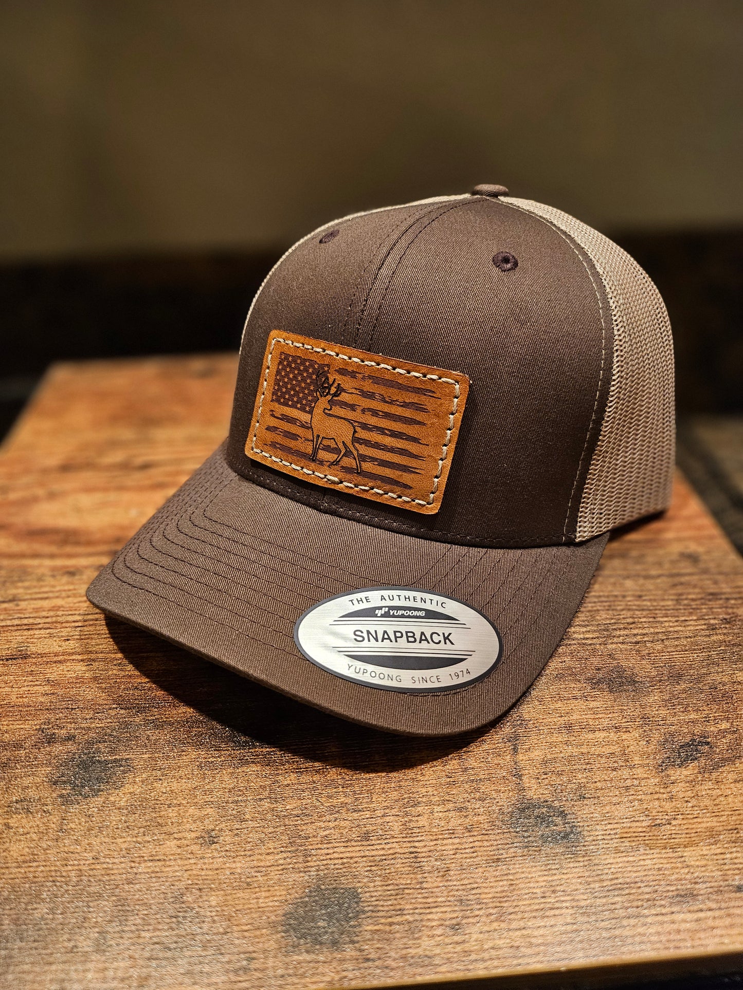 Buck on American Flag - Leather Patch - Trucker Hat