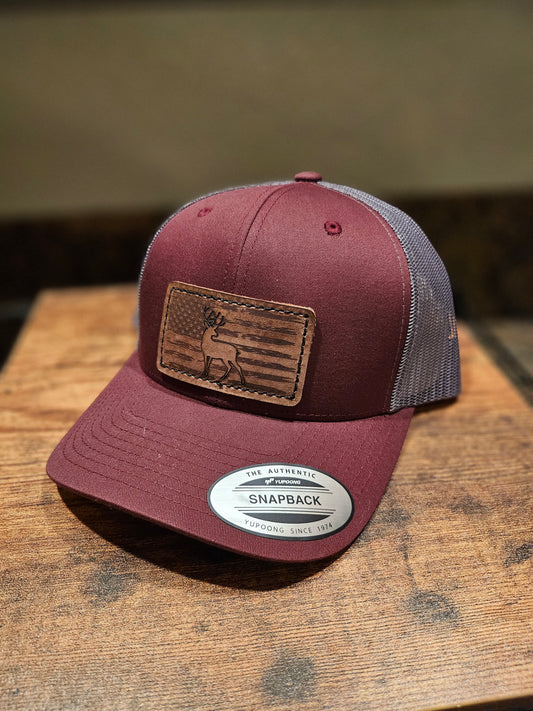 Buck on American Flag - Leather Patch - Trucker Hat