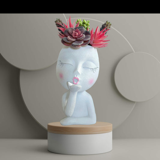 Faux Succulent Arrangement - Face Planter - White Female Blowing Kiss